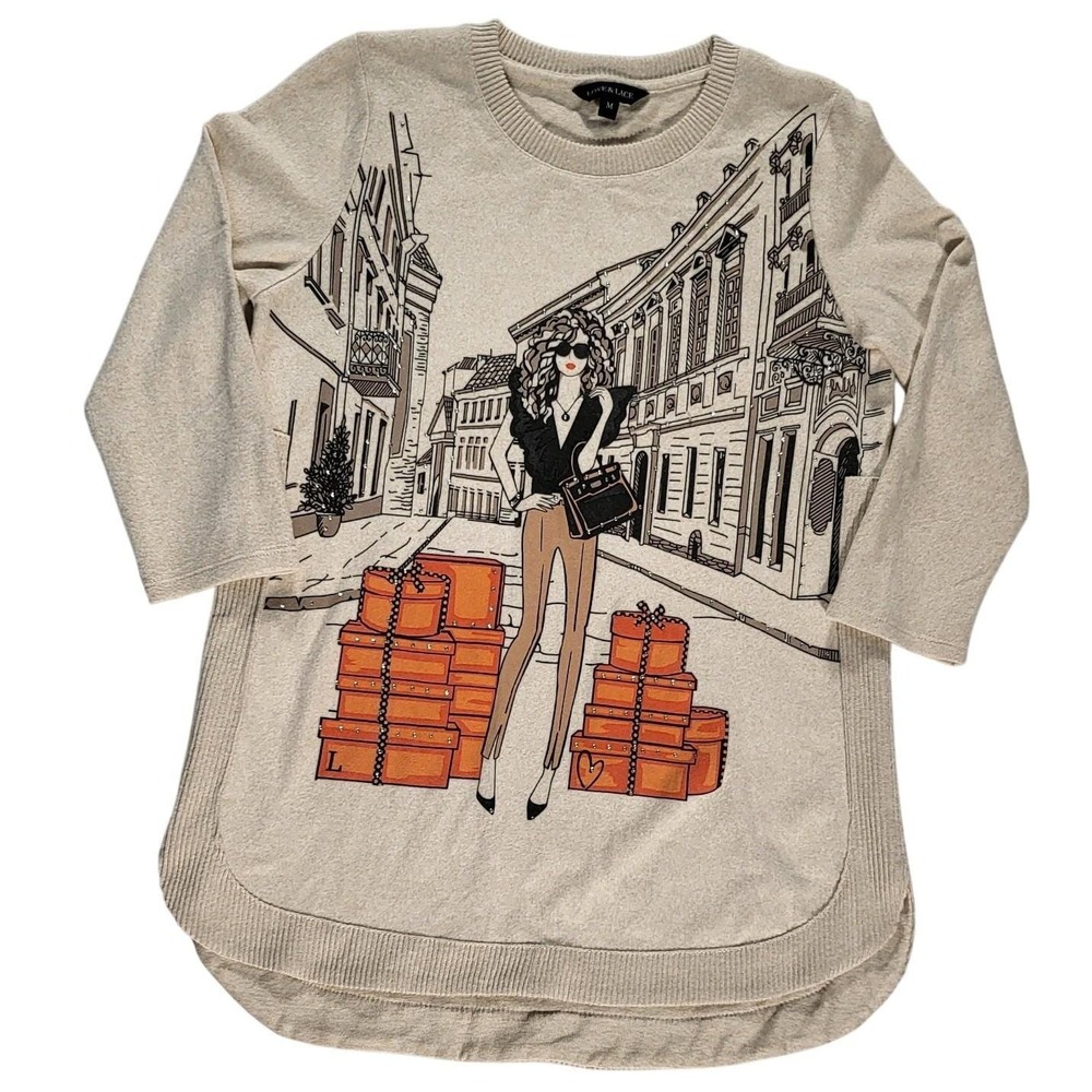 Love & Lace Graphic Print Sweater Chic Fashion Girl Boxes Beige M